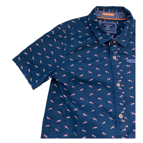 CACTUS BOYS Fox Print Button Down Shirt With Cap Sleeves Navy Blue Boys 9-10Y - Picture 4 of 9